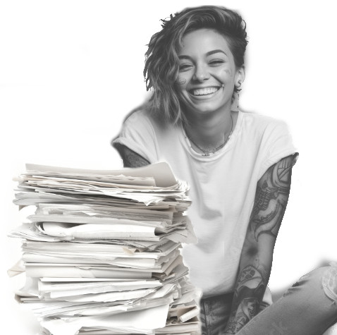 Smiling woman behind a messy pile of papers